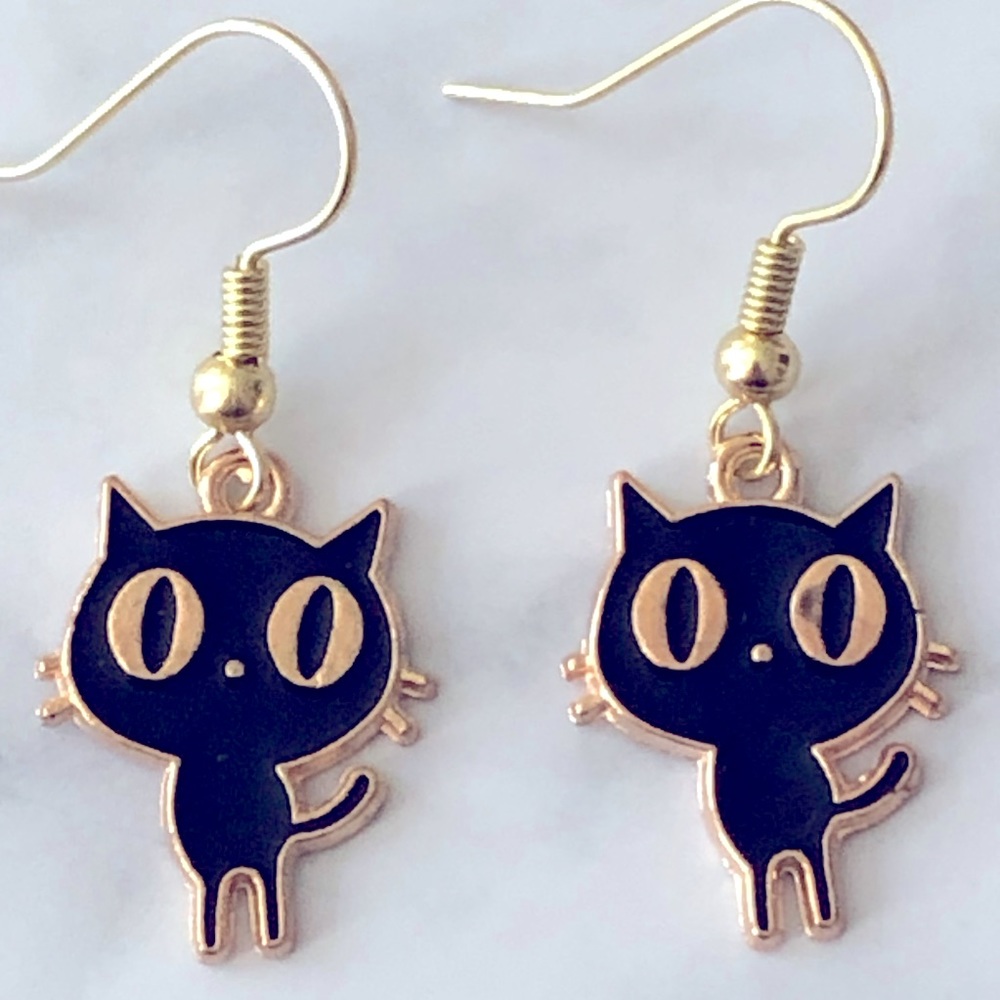 New Black Cat Kitty Hand Crafted Earrings Enamel Anime Dangling Drop Fun Gift
